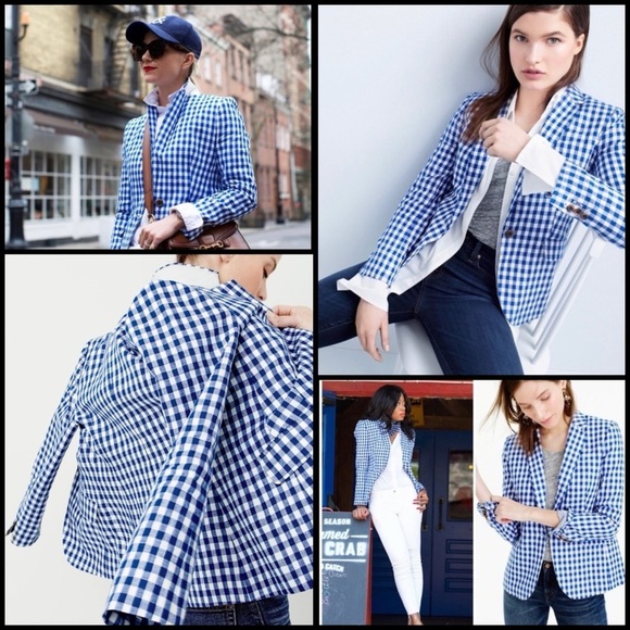 J.Crew Campbell Linen Blend Blue Gingham Check Preppy Academia Office Blazer 2 - Picture 1 of 16
